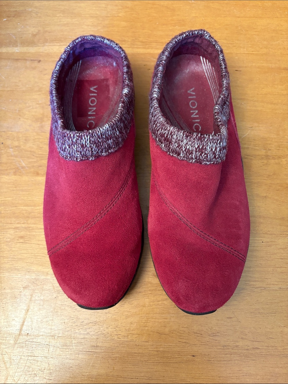 Vionic Women's Red Suede Slip-On Mules with Marled Knit Collar